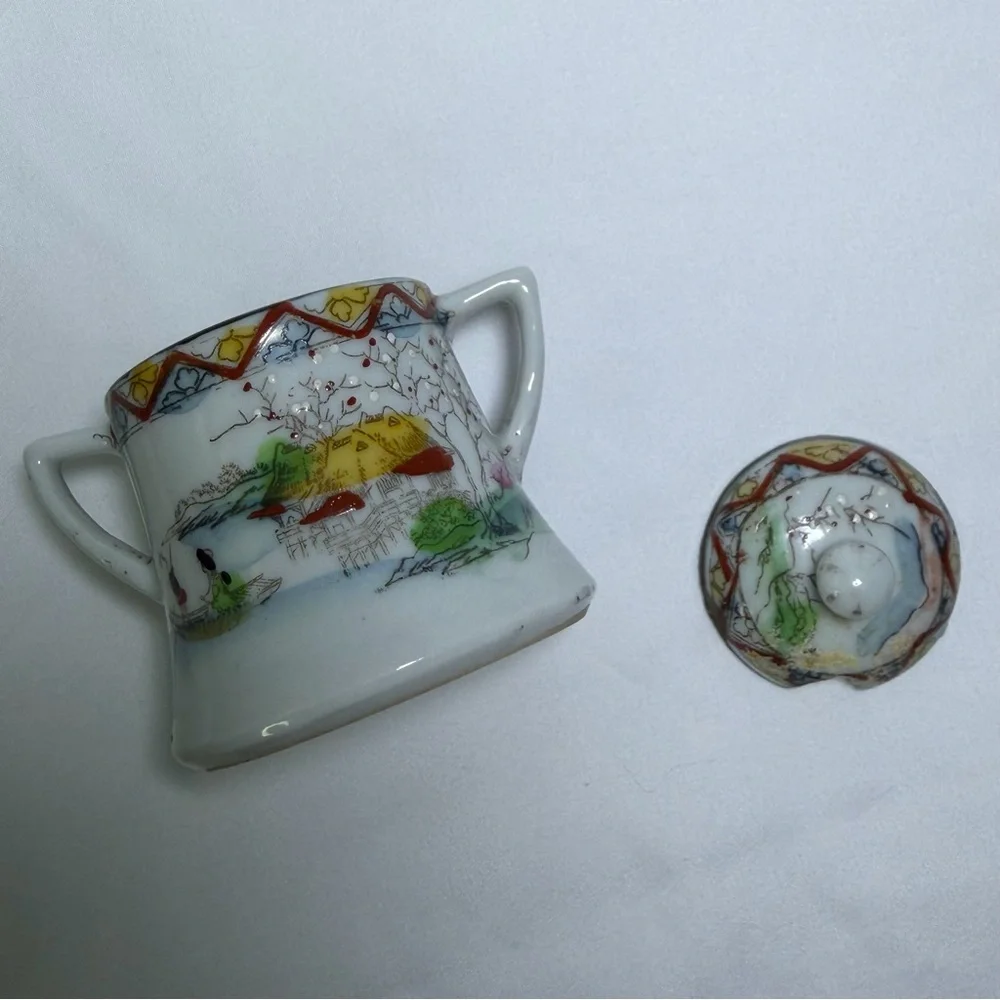Antique Porcelain Nippon Mini Sugar Bowl Hand-Painted Japanese Scenic Geisha Art